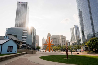 An aerial view of the public artwork by artist Mark di Suvero from the Reiman Bridge.
